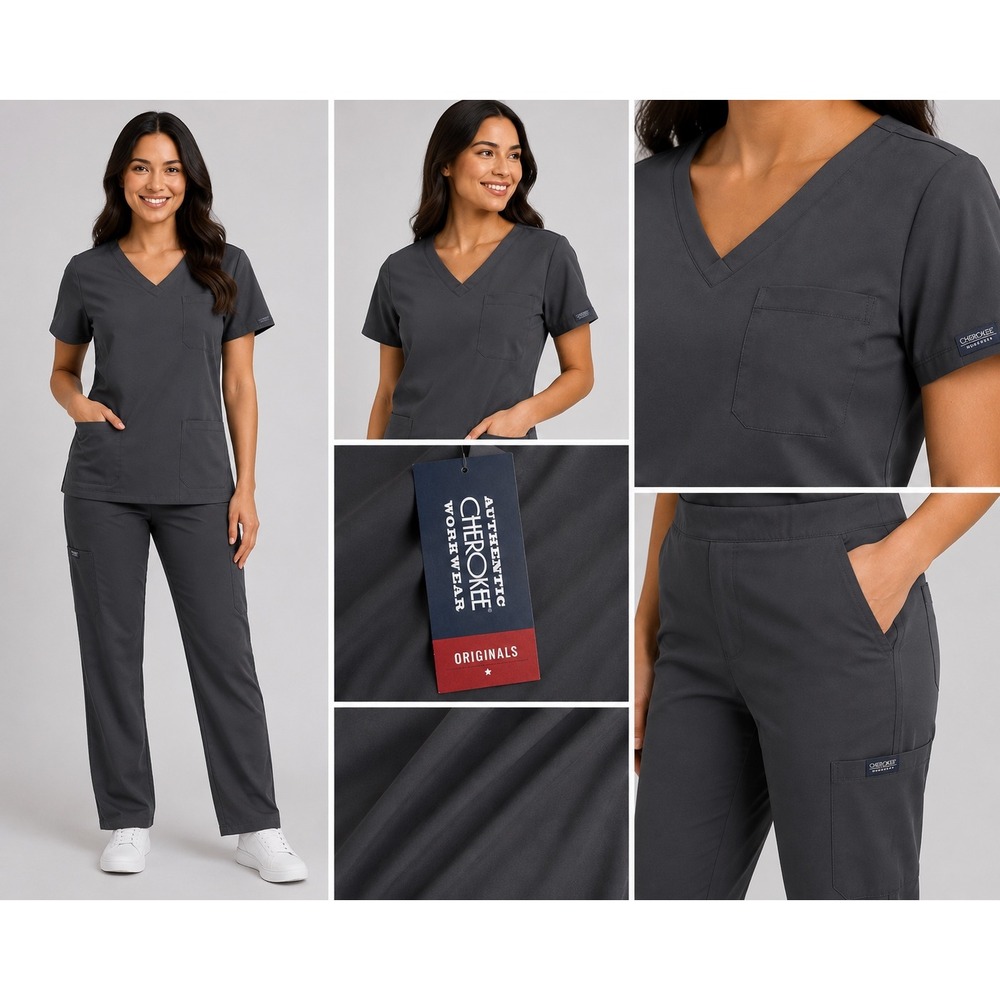 Cherokee Workwear Originals Scrub Top Pewter Grey V-Neck PWTW 2XL NEW 2pc set